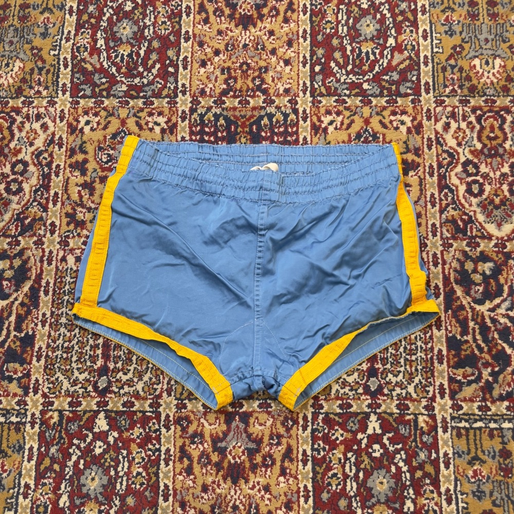 VTG 60s Wilson UCLA Team Stenciled Blue Yellow Stripe Basketball Shorts USA 34